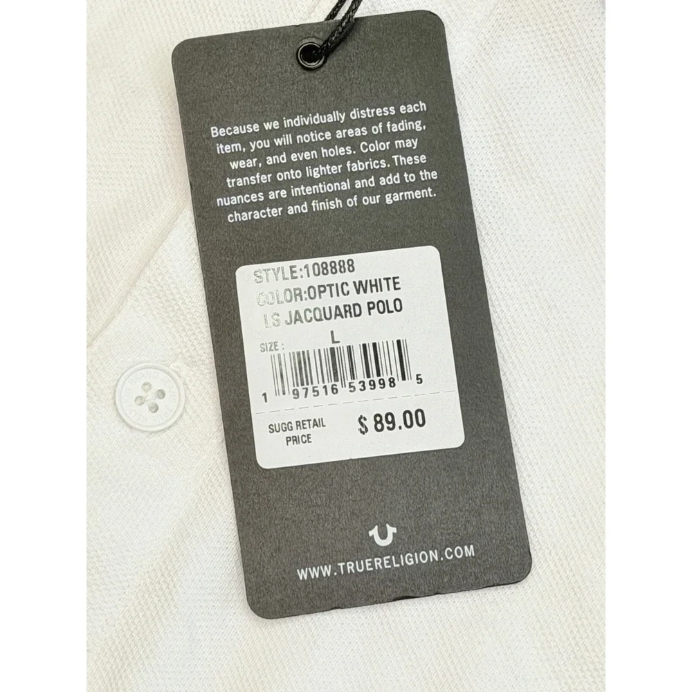 True Religion LS Jacquard Polo Shirt White Long Sleeve Large NWT 108888